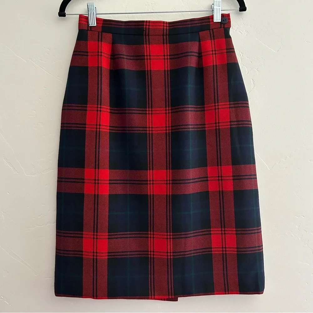 Vintage Stewart Allan Plaid Pencil Skirt Pure New Wool Size 4/6 Blue Green Red